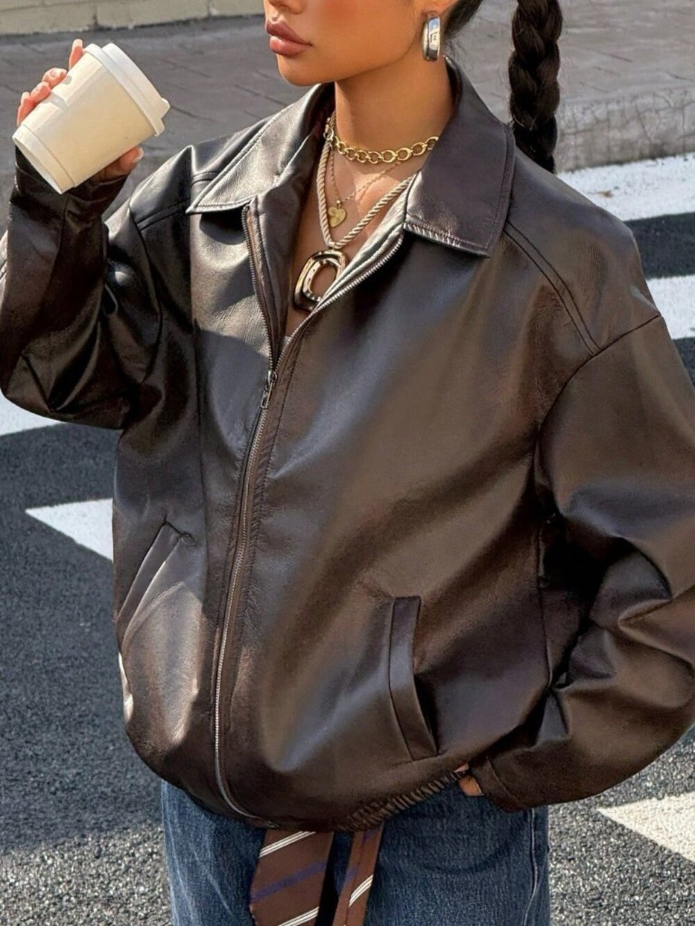 Brown Casual Women's Colored Woven Faux Leather Jacket